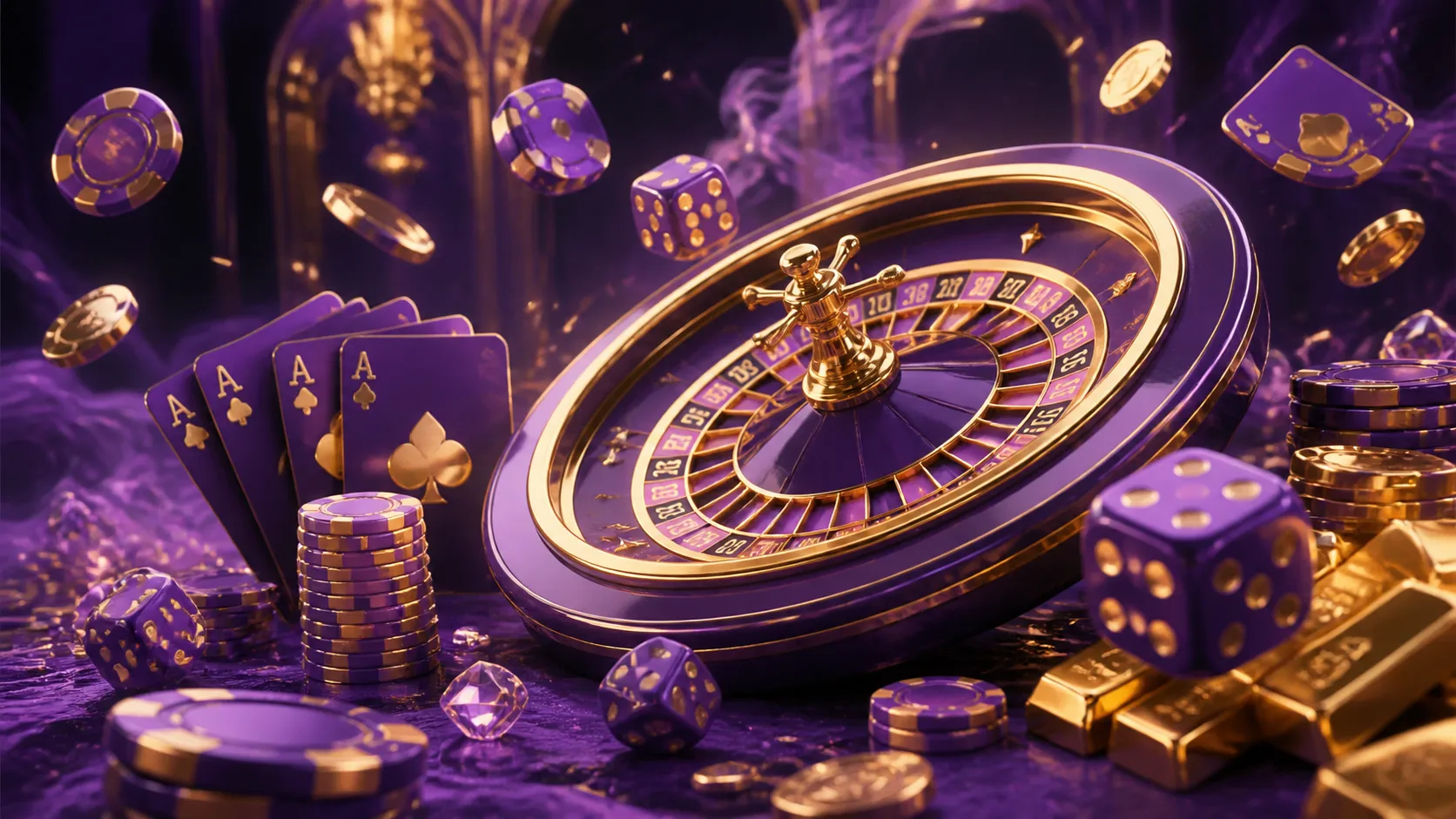 Futuristic casino scene with neon-lit roulette wheel, glowing poker chips, and vibrant cyber elements representing Spinboss t